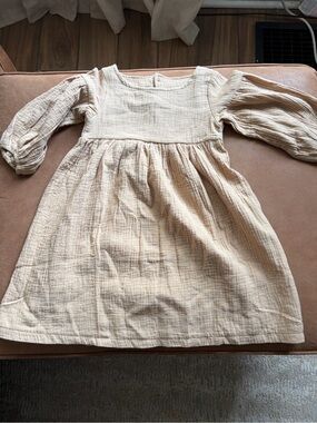 Kids Tales Girls Cream Cotton Gauze Puff Sleeve Boho Dress Size 5
